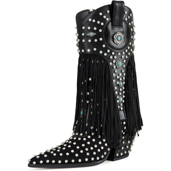 Fringe Rhinestone Embellishments Mid Calf Cowgirl Boots Turquoise Flower - Picture 2 of 6
